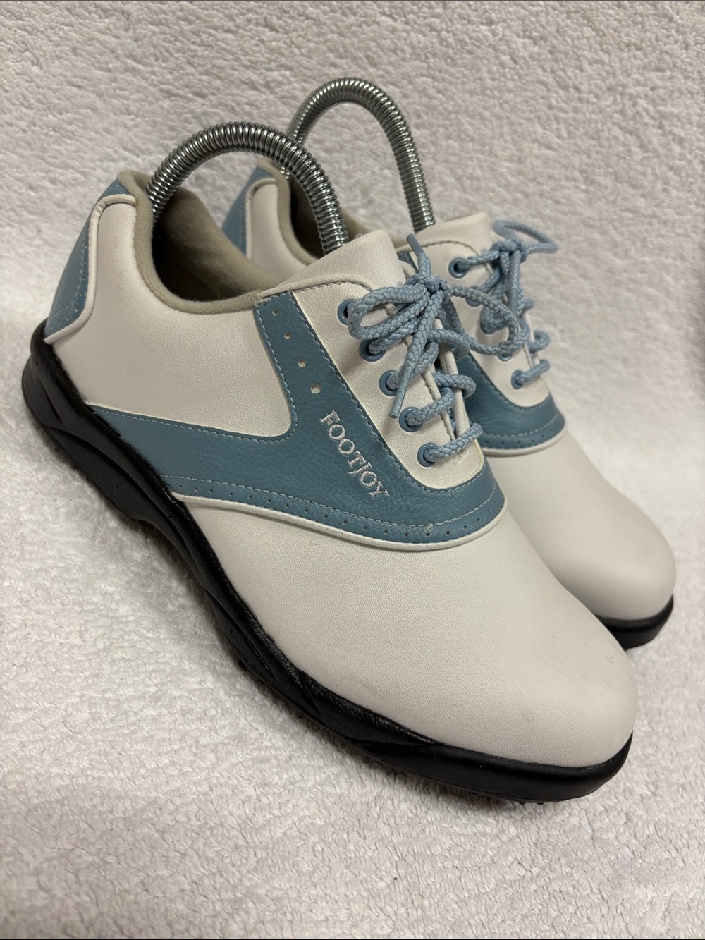 FootJoy Green Joy white/blue spike golf shoes, 7.5 model 48435
